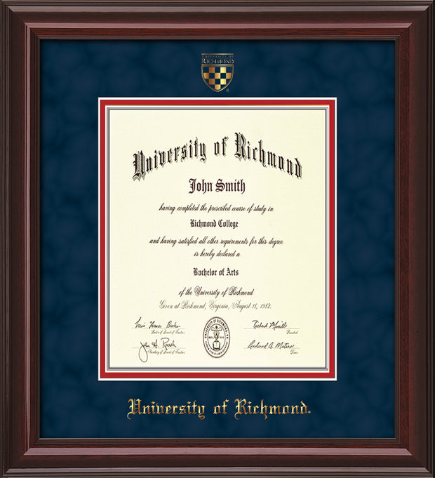 Image of University of Richmond Diploma Frame - Mahogany Lacquer - w/Embossed Seal & Name - Navy Suede on Red mats - Law Size