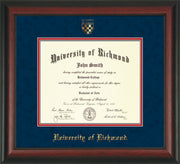 Image of University of Richmond Diploma Frame - Rosewood - w/Embossed Seal & Name - Navy Suede on Red mats