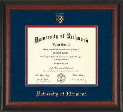 Image of University of Richmond Diploma Frame - Rosewood - w/Embossed Seal & Name - Navy Suede on Red mats