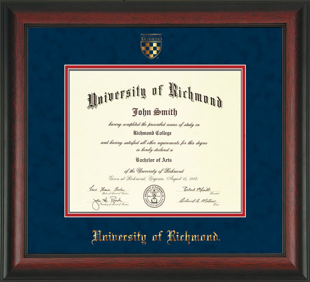 Image of University of Richmond Diploma Frame - Rosewood - w/Embossed Seal & Name - Navy Suede on Red mats