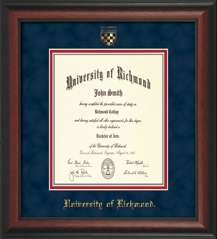 Image of University of Richmond Diploma Frame - Rosewood - w/Embossed Seal & Name - Navy Suede on Red mats - Law Size