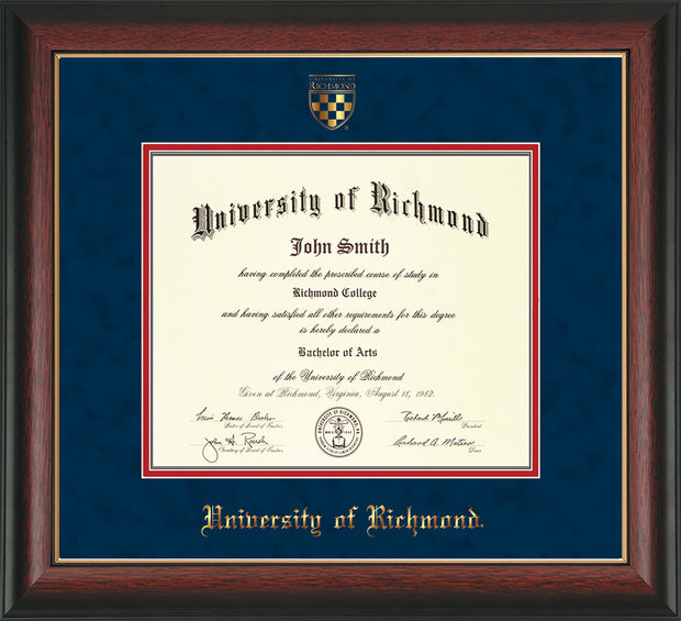 Image of University of Richmond Diploma Frame - Rosewood w/Gold Lip - w/Embossed Seal & Name - Navy Suede on Red mats