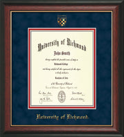 Image of University of Richmond Diploma Frame - Rosewood w/Gold Lip - w/Embossed Seal & Name - Navy Suede on Red mats - Law Size