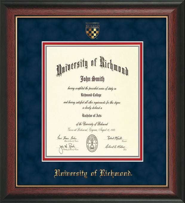 Image of University of Richmond Diploma Frame - Rosewood w/Gold Lip - w/Embossed Seal & Name - Navy Suede on Red mats - Law Size