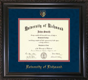 Image of University of Richmond Diploma Frame - Vintage Black Scoop - w/Embossed Seal & Name - Navy Suede on Red mats