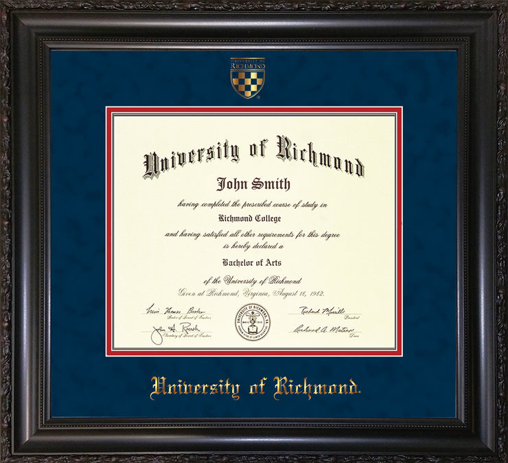 Image of University of Richmond Diploma Frame - Vintage Black Scoop - w/Embossed Seal & Name - Navy Suede on Red mats