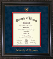 Image of University of Richmond Diploma Frame - Vintage Black Scoop - w/Embossed Seal & Name - Navy Suede on Red mats - Law Size