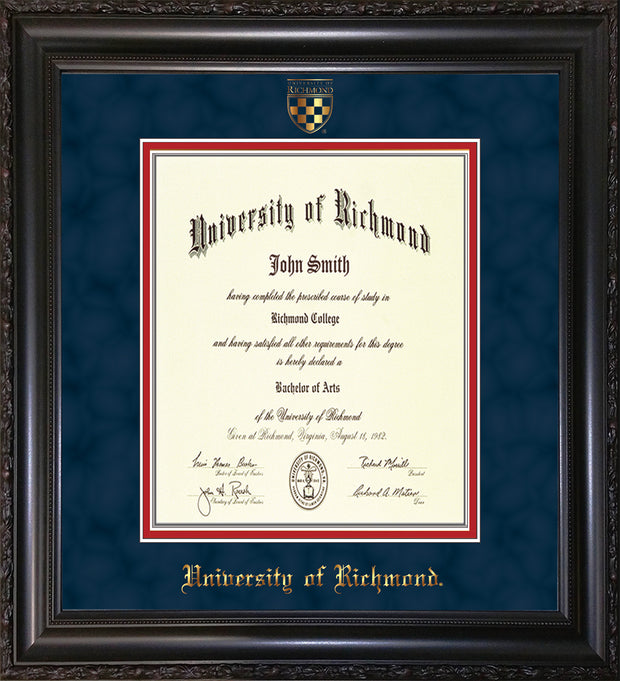 Image of University of Richmond Diploma Frame - Vintage Black Scoop - w/Embossed Seal & Name - Navy Suede on Red mats - Law Size