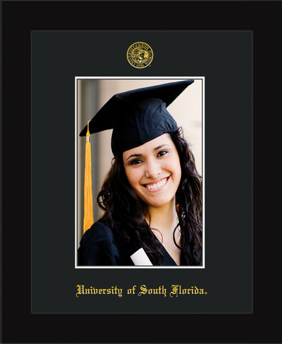 Image of University of South Florida 5 x 7 Photo Frame - Flat Matte Black - w/Official Embossing of USF Seal & Name - Single Black mat