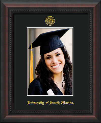 Image of University of South Florida 5 x 7 Photo Frame - Mahogany Braid - w/Official Embossing of USF Seal & Name - Single Black mat