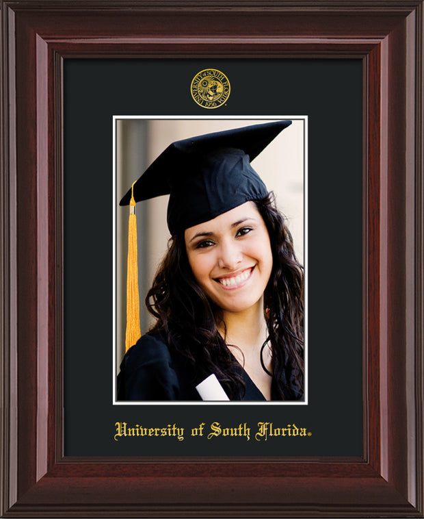 Image of University of South Florida 5 x 7 Photo Frame - Mahogany Lacquer - w/Official Embossing of USF Seal & Name - Single Black mat