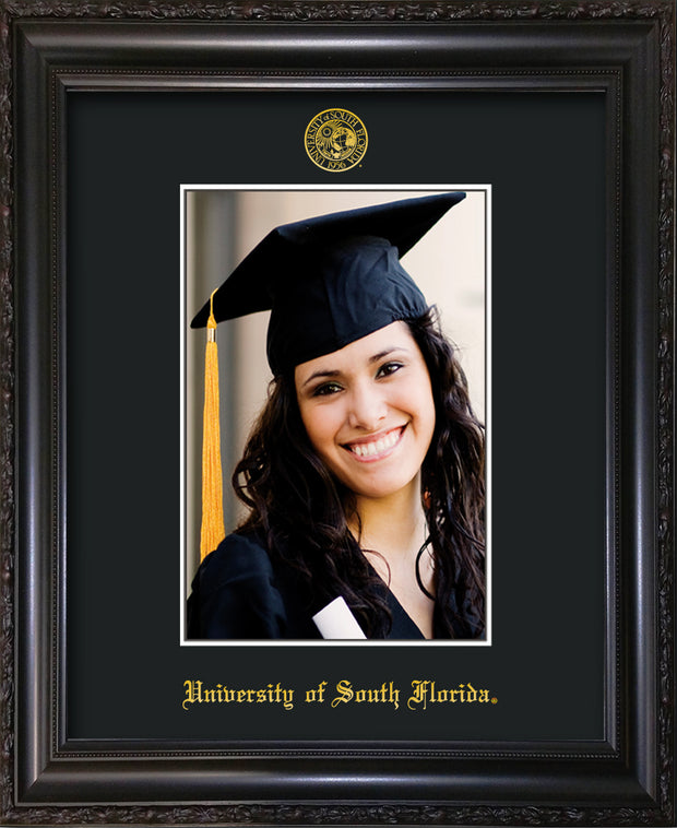 Image of University of South Florida 5 x 7 Photo Frame - Vintage Black Scoop - w/Official Embossing of USF Seal & Name - Single Black mat
