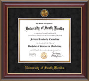 Image of University of South Florida Diploma Frame - Cherry Lacquer - w/24k Gold-Plated Medallion USF Name Embossing - Black Suede on Gold mats