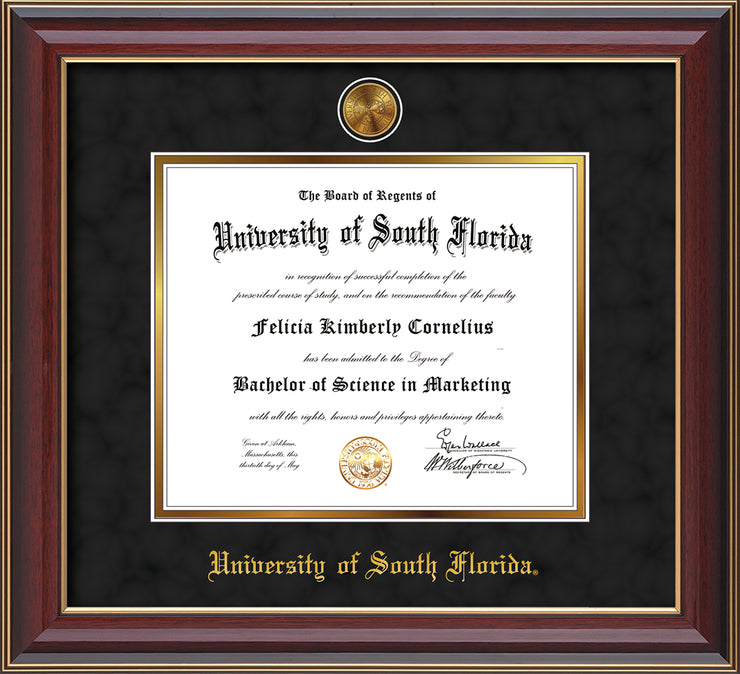 Image of University of South Florida Diploma Frame - Cherry Lacquer - w/24k Gold-Plated Medallion USF Name Embossing - Black Suede on Gold mats