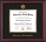Image of University of South Florida Diploma Frame - Cherry Reverse - w/24k Gold-Plated Medallion USF Name Embossing - Black Suede on Gold mats