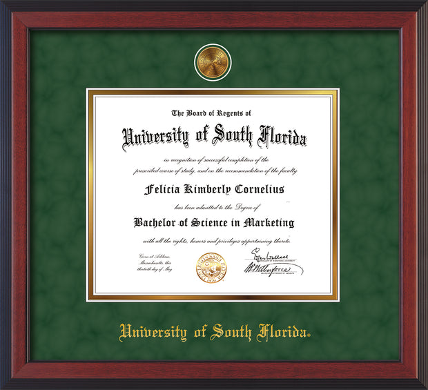 Image of University of South Florida Diploma Frame - Cherry Reverse - w/24k Gold-Plated Medallion USF Name Embossing - Green Suede on Gold mats