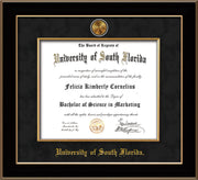 Image of University of South Florida Diploma Frame - Black Lacquer - w/24k Gold-Plated Medallion & Fillet - w/USF Name Embossing - Black Suede mat