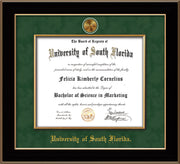 Image of University of South Florida Diploma Frame - Black Lacquer - w/24k Gold-Plated Medallion & Fillet - w/USF Name Embossing - Green Suede mat