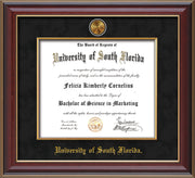 Image of University of South Florida Diploma Frame - Cherry Lacquer - w/24k Gold-Plated Medallion & Fillet - w/USF Name Embossing - Black Suede mat