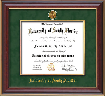 Image of University of South Florida Diploma Frame - Cherry Lacquer - w/24k Gold-Plated Medallion & Fillet - w/USF Name Embossing - Green Suede mat