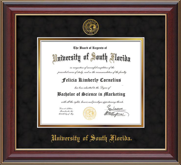 Image of University of South Florida Diploma Frame - Cherry Lacquer - w/Embossed USF Seal & Name - Black Suede on Gold mat
