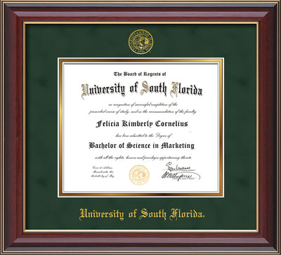 Image of University of South Florida Diploma Frame - Cherry Lacquer - w/Embossed USF Seal & Name - Green Suede on Gold mat