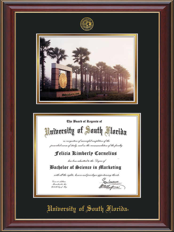 Image of University of South Florida Diploma Frame - Cherry Lacquer - w/Embossed USF Seal & Name - Photo - Black on Gold mat