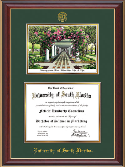 Image of University of South Florida Diploma Frame - Cherry Lacquer - w/Embossed USF Seal & Name - Watercolor - Green on Gold mat