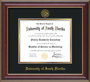 Image of University of South Florida Diploma Frame - Cherry Lacquer - w/Embossed USF Seal & Name - Black on Gold mat