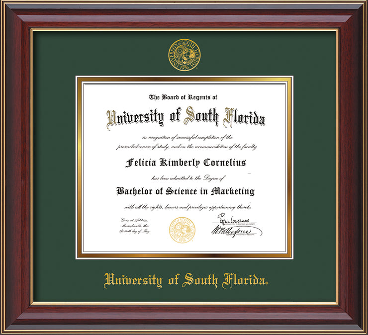 Image of University of South Florida Diploma Frame - Cherry Lacquer - w/Embossed USF Seal & Name - Green on Gold mat