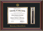 Image of University of South Florida Diploma Frame - Cherry Lacquer - w/Embossed USF Seal & Name - Tassel Holder - Black on Gold mat