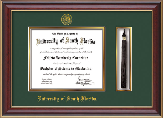 Image of University of South Florida Diploma Frame - Cherry Lacquer - w/Embossed USF Seal & Name - Tassel Holder - Green on Gold mat