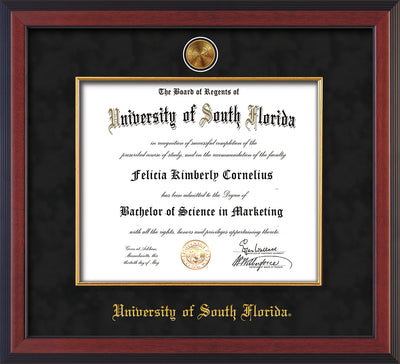 Image of University of South Florida Diploma Frame - Cherry Reverse - w/24k Gold-Plated Medallion & Fillet - w/USF Name Embossing - Black Suede mat