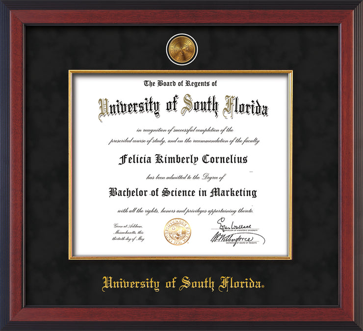 Image of University of South Florida Diploma Frame - Cherry Reverse - w/24k Gold-Plated Medallion & Fillet - w/USF Name Embossing - Black Suede mat