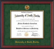 Image of University of South Florida Diploma Frame - Cherry Reverse - w/24k Gold-Plated Medallion & Fillet - w/USF Name Embossing - Green Suede mat