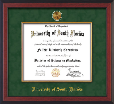Image of University of South Florida Diploma Frame - Cherry Reverse - w/24k Gold-Plated Medallion & Fillet - w/USF Name Embossing - Green Suede mat