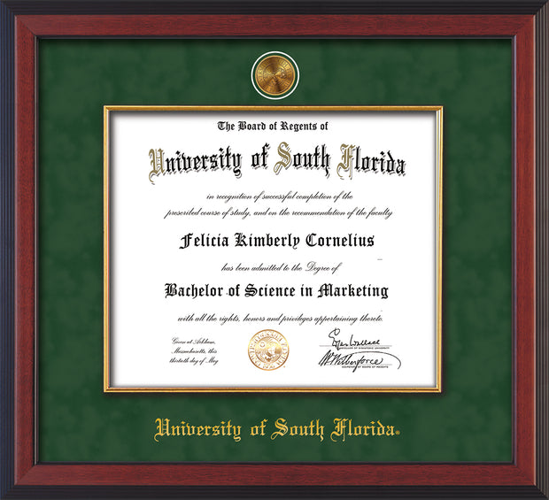 Image of University of South Florida Diploma Frame - Cherry Reverse - w/24k Gold-Plated Medallion & Fillet - w/USF Name Embossing - Green Suede mat