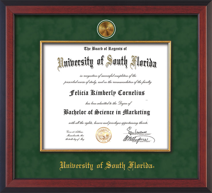 Image of University of South Florida Diploma Frame - Cherry Reverse - w/24k Gold-Plated Medallion & Fillet - w/USF Name Embossing - Green Suede mat