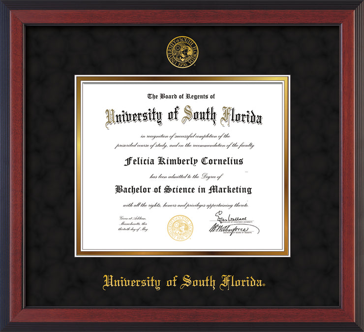 Image of University of South Florida Diploma Frame - Cherry Reverse - w/Embossed USF Seal & Name - Black Suede on Gold mat