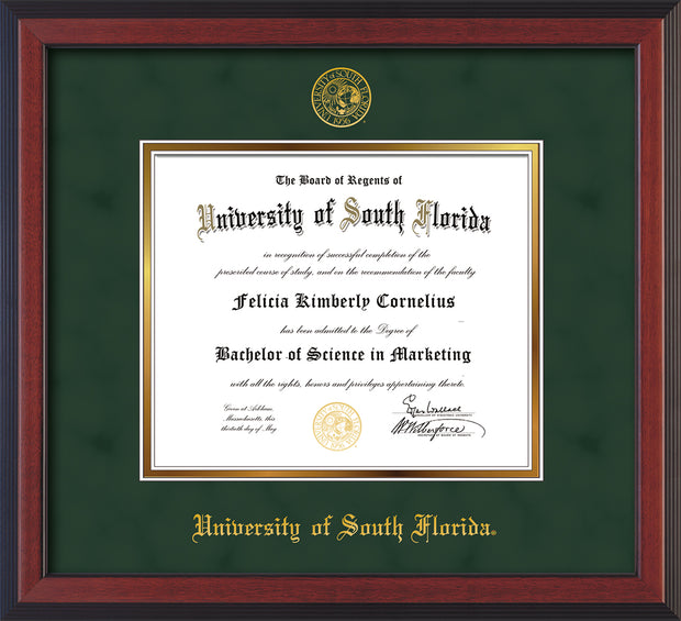 Image of University of South Florida Diploma Frame - Cherry Reverse - w/Embossed USF Seal & Name - Green Suede on Gold mat