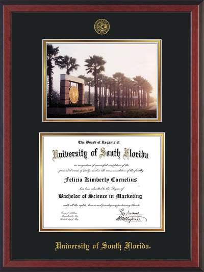 Image of University of South Florida Diploma Frame - Cherry Reverse - w/Embossed USF Seal & Name - Photo - Black on Gold mat