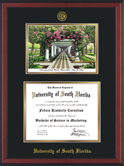 Image of University of South Florida Diploma Frame - Cherry Reverse - w/Embossed USF Seal & Name - Watercolor - Black on Gold mat
