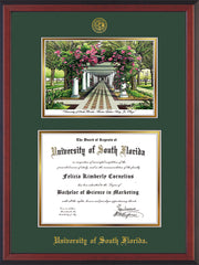 Image of University of South Florida Diploma Frame - Cherry Reverse - w/Embossed USF Seal & Name - Watercolor - Green on Gold mat