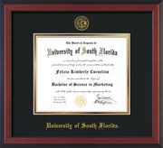 Image of University of South Florida Diploma Frame - Cherry Reverse - w/Embossed USF Seal & Name - Black on Gold mat