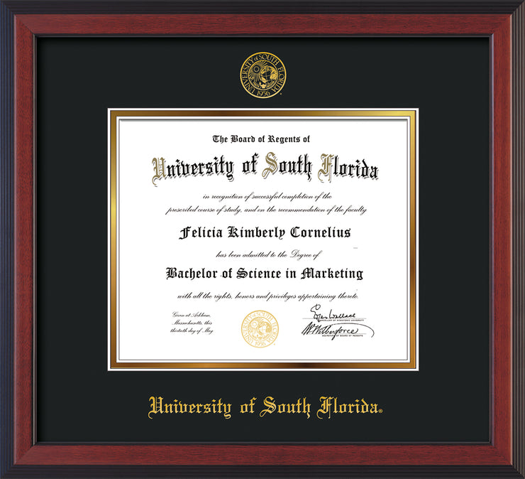 Image of University of South Florida Diploma Frame - Cherry Reverse - w/Embossed USF Seal & Name - Black on Gold mat