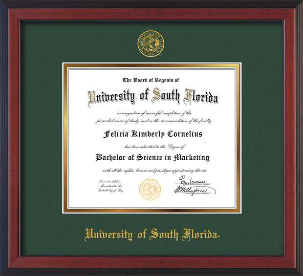 Image of University of South Florida Diploma Frame - Cherry Reverse - w/Embossed USF Seal & Name - Green on Gold mat