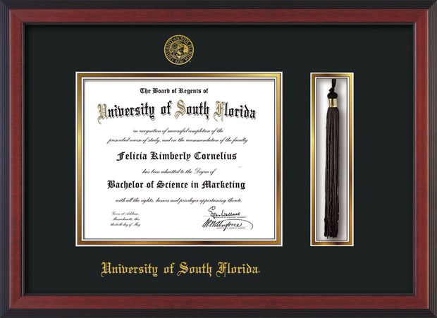 Image of University of South Florida Diploma Frame - Cherry Reverse - w/Embossed USF Seal & Name - Tassel Holder - Black on Gold mat