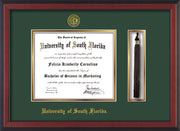 Image of University of South Florida Diploma Frame - Cherry Reverse - w/Embossed USF Seal & Name - Tassel Holder - Green on Gold mat