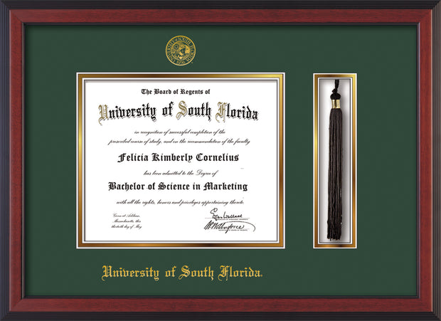 Image of University of South Florida Diploma Frame - Cherry Reverse - w/Embossed USF Seal & Name - Tassel Holder - Green on Gold mat