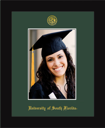 Image of University of South Florida 5 x 7 Photo Frame - Flat Matte Black - w/Official Embossing of USF Seal & Name - Single Green mat